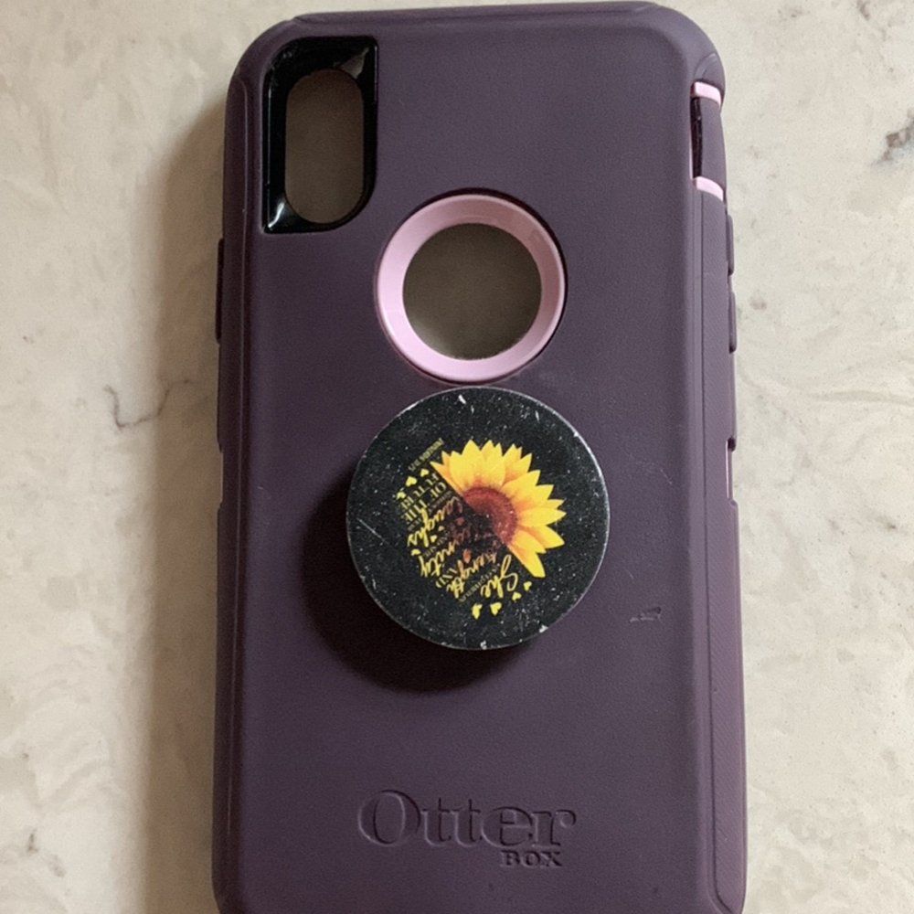 OtterBox Dark Purple Case for iPhone X with Sunflower Grip.